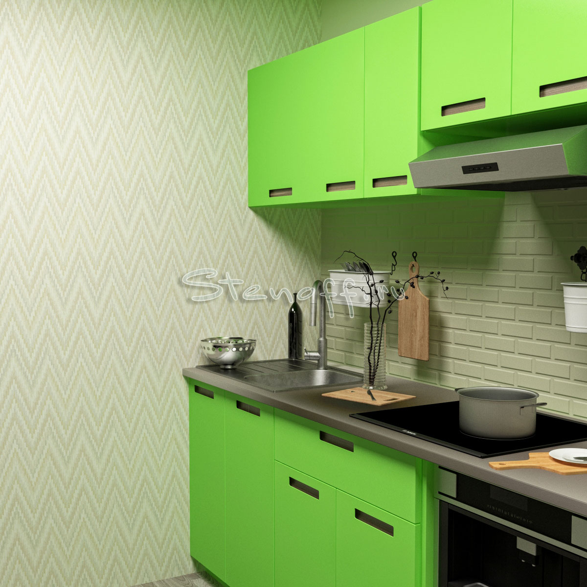 Зеленая кухня и обои с геометрическим рисунком><br></o:p></p>






<p style=