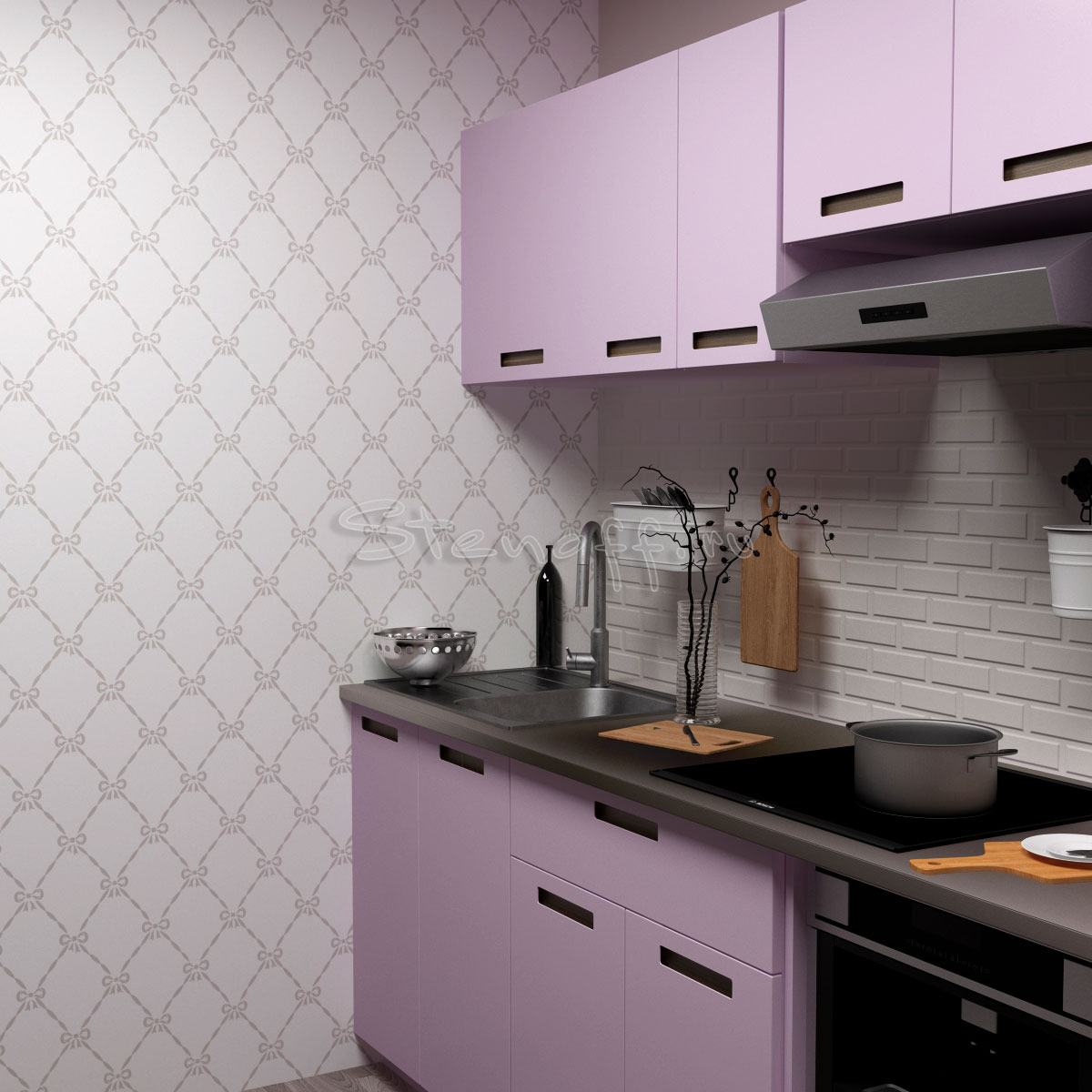 Фиолетовая кухня в интерьере и обои